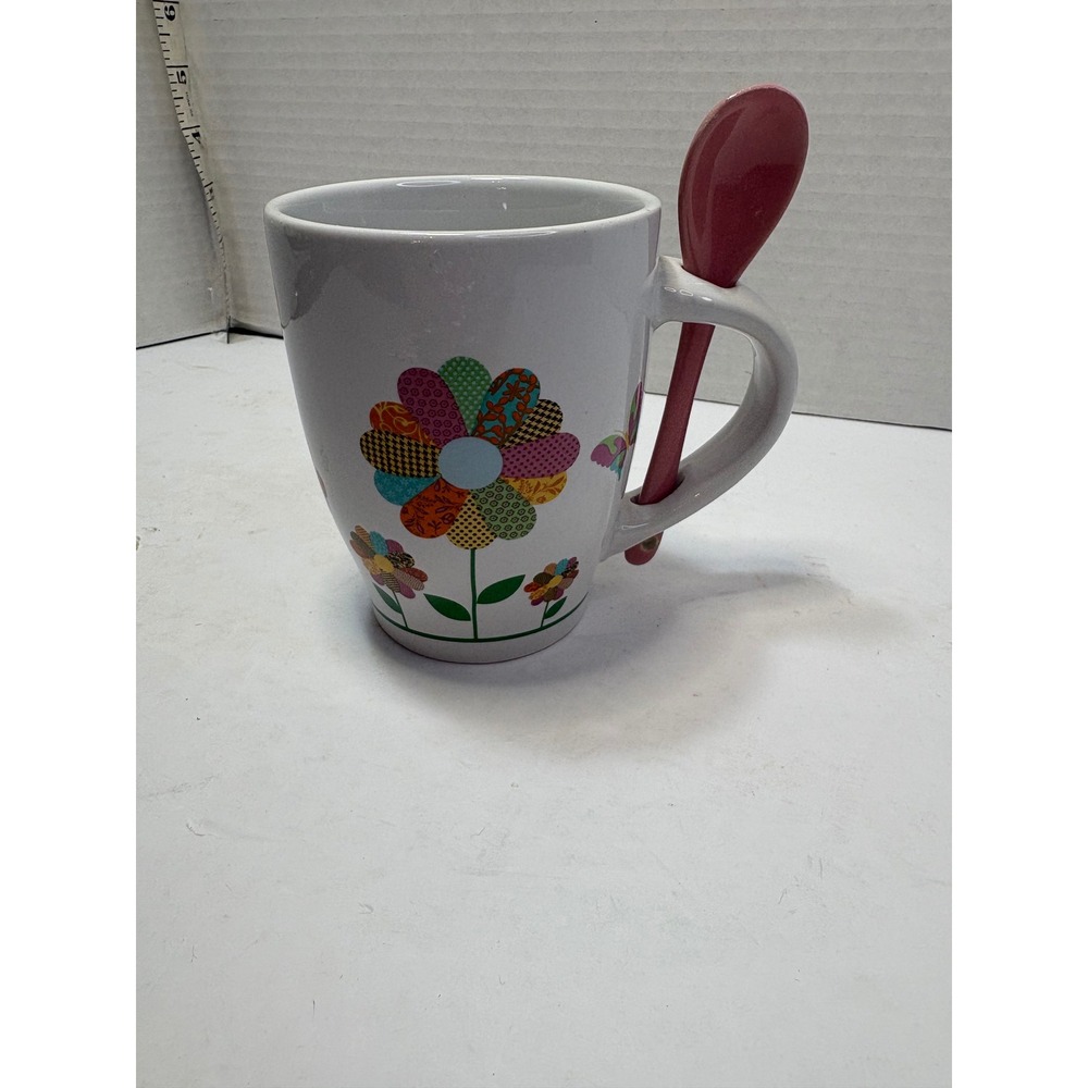 Trisa Floral Butterfly Ceramic Mug with Matching Spoon White Pink Vintage
